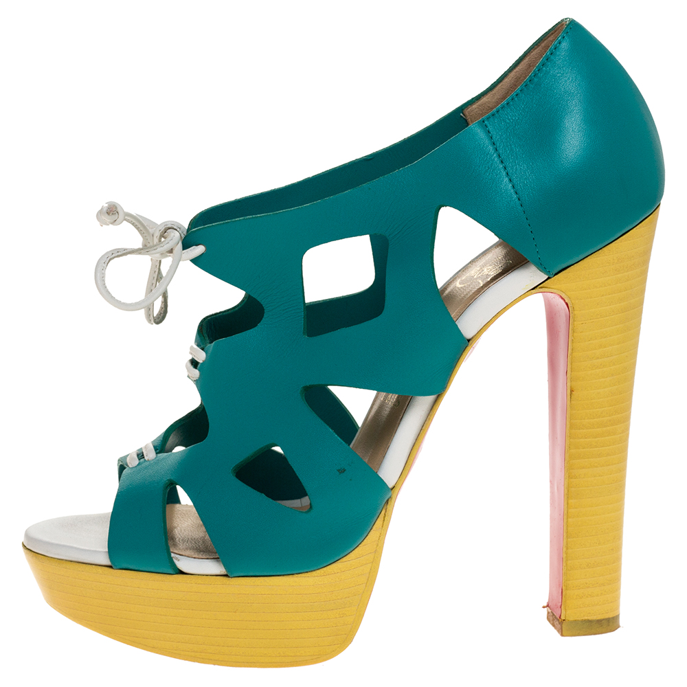 

Christian Louboutin Turquoise/Yellow Leather Cutout Fossile Platform Pumps Size, Blue