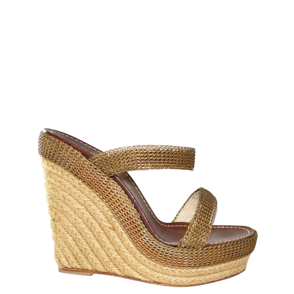 Pre-owned Christian Louboutin Gold Chain-metal Espadrilles Wedges Size 38