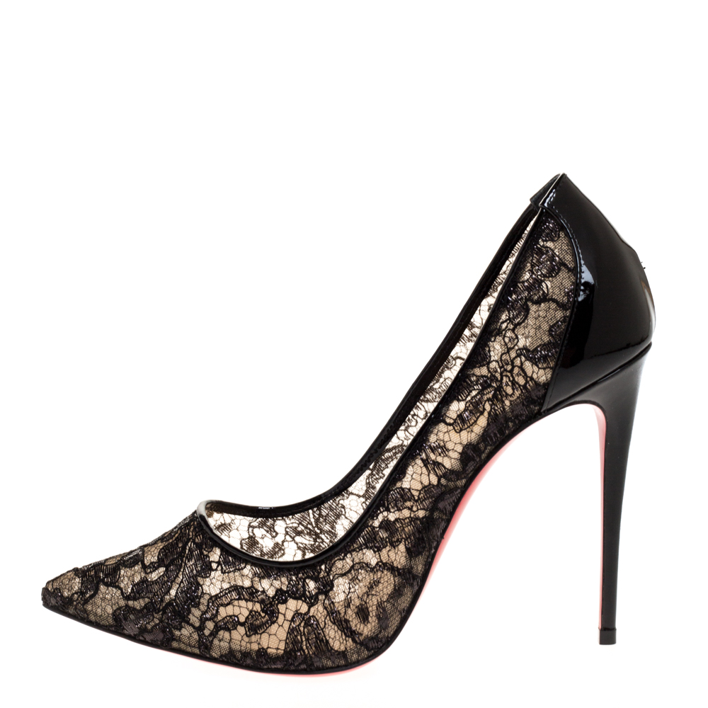 

Christian Louboutin Black Patent Leather And Lace Follies Pumps Size