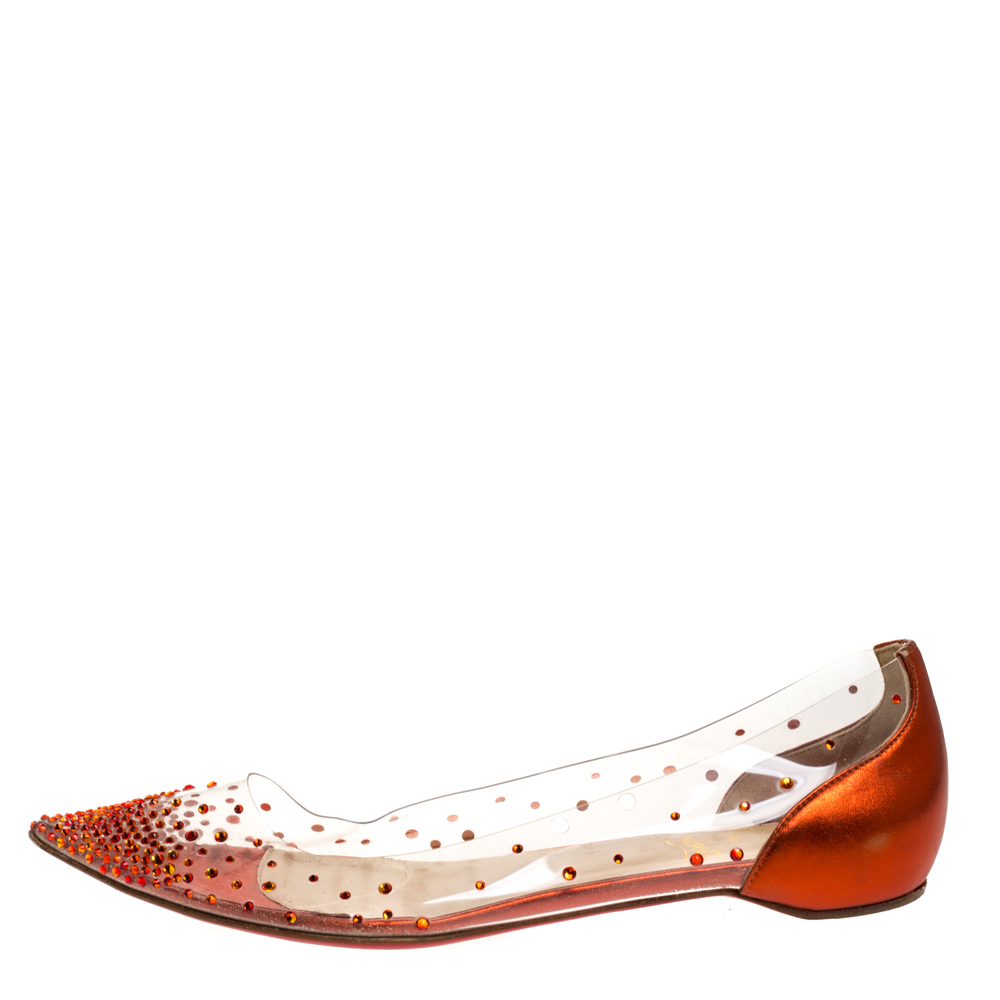 

Christian Louboutin Metallic Orange Leather And PVC Degrastrass Pointed Toe Ballet Flats Size