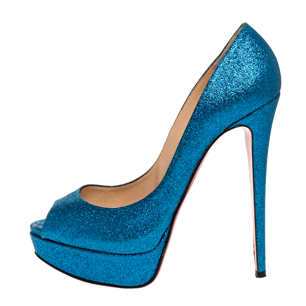 

Christian Louboutin Blue Glitter Lady Peep Toe Platform Pumps Size