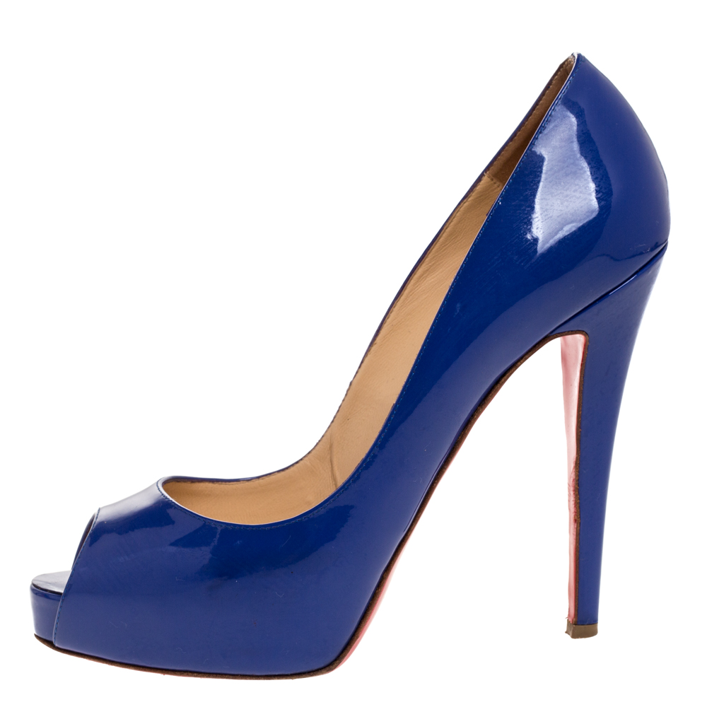 

Christian Louboutin Blue Patent Leather Very Prive Platform Peep Toe Pumps Size