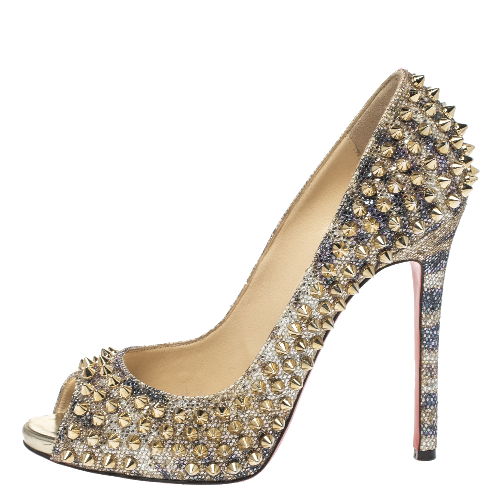 

Christian Louboutin Gold Glitter Spike Peep Toe Pumps Size