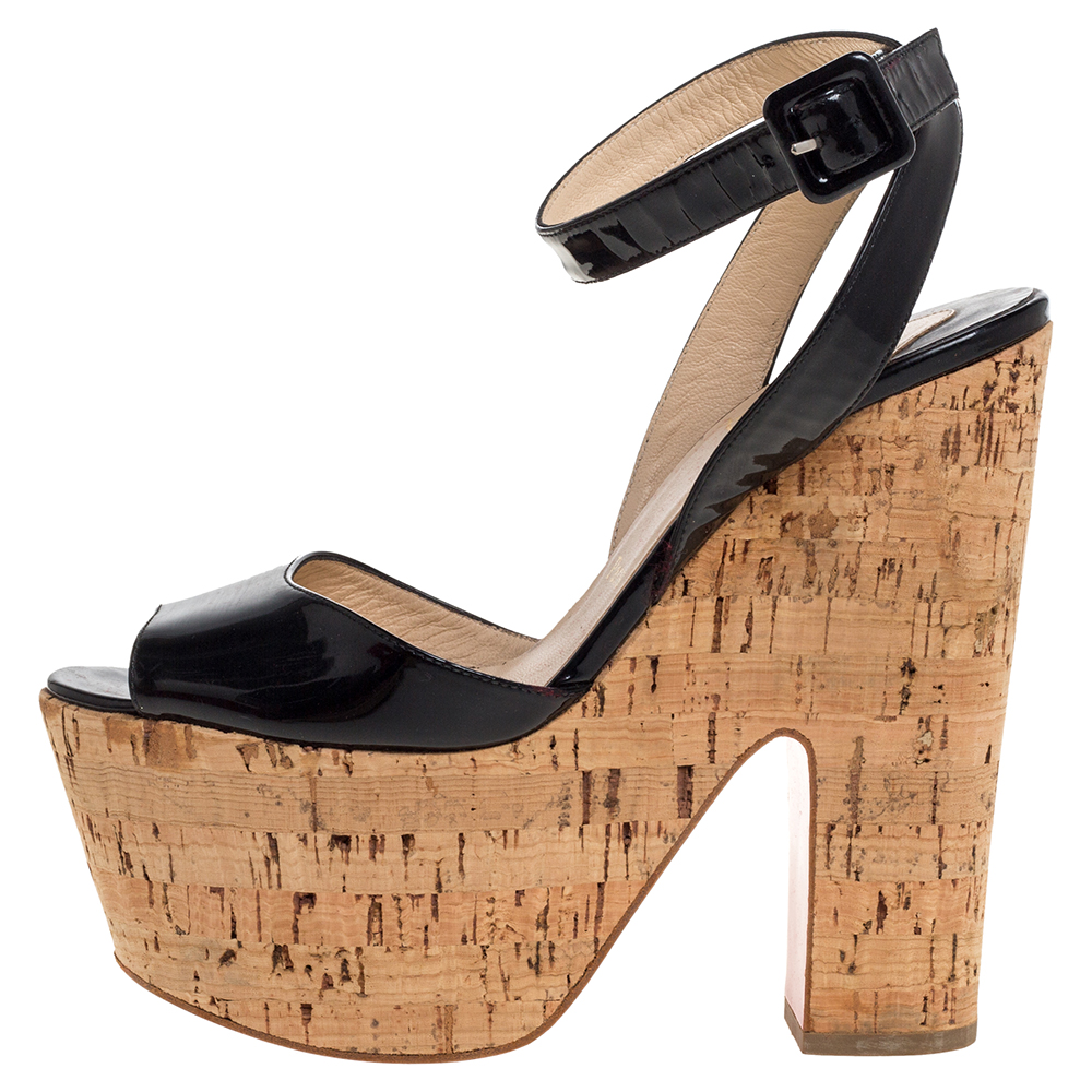 

Christian Louboutin Black Patent Leather Super Dombasle Cork Platform Ankle Strap Sandals Size