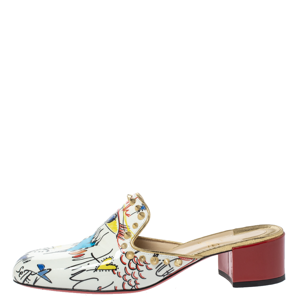 

Christian Louboutin White Printed Patent Leather Spiky Sun 35 Mules Size, Multicolor