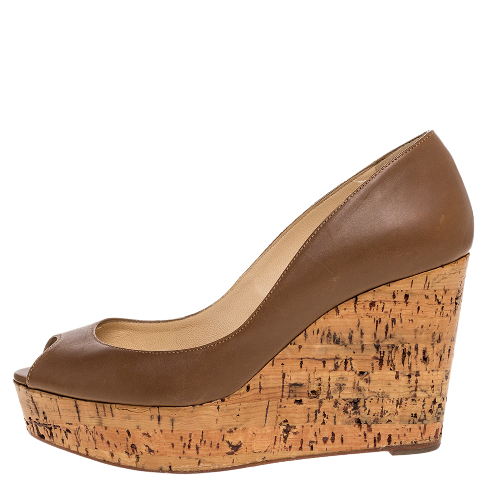 

Christian Louboutin Brown Leather Coroclic Cork Wedge Peep Toe Platform Pumps Size