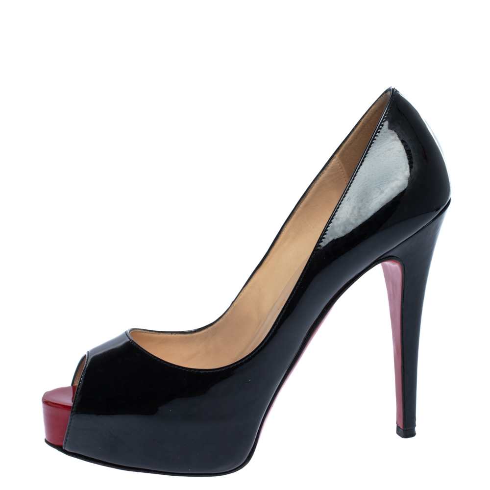 

Christian Louboutin Black Patent Leather Hyper Prive Peep Toe Platform Pumps Size