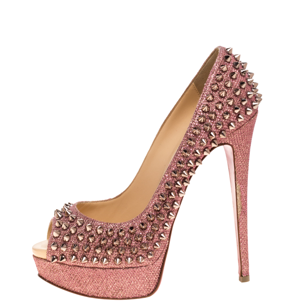 

Christian Louboutin Pink Glitter Fabric Lady Peep Spike Platform Pumps Size