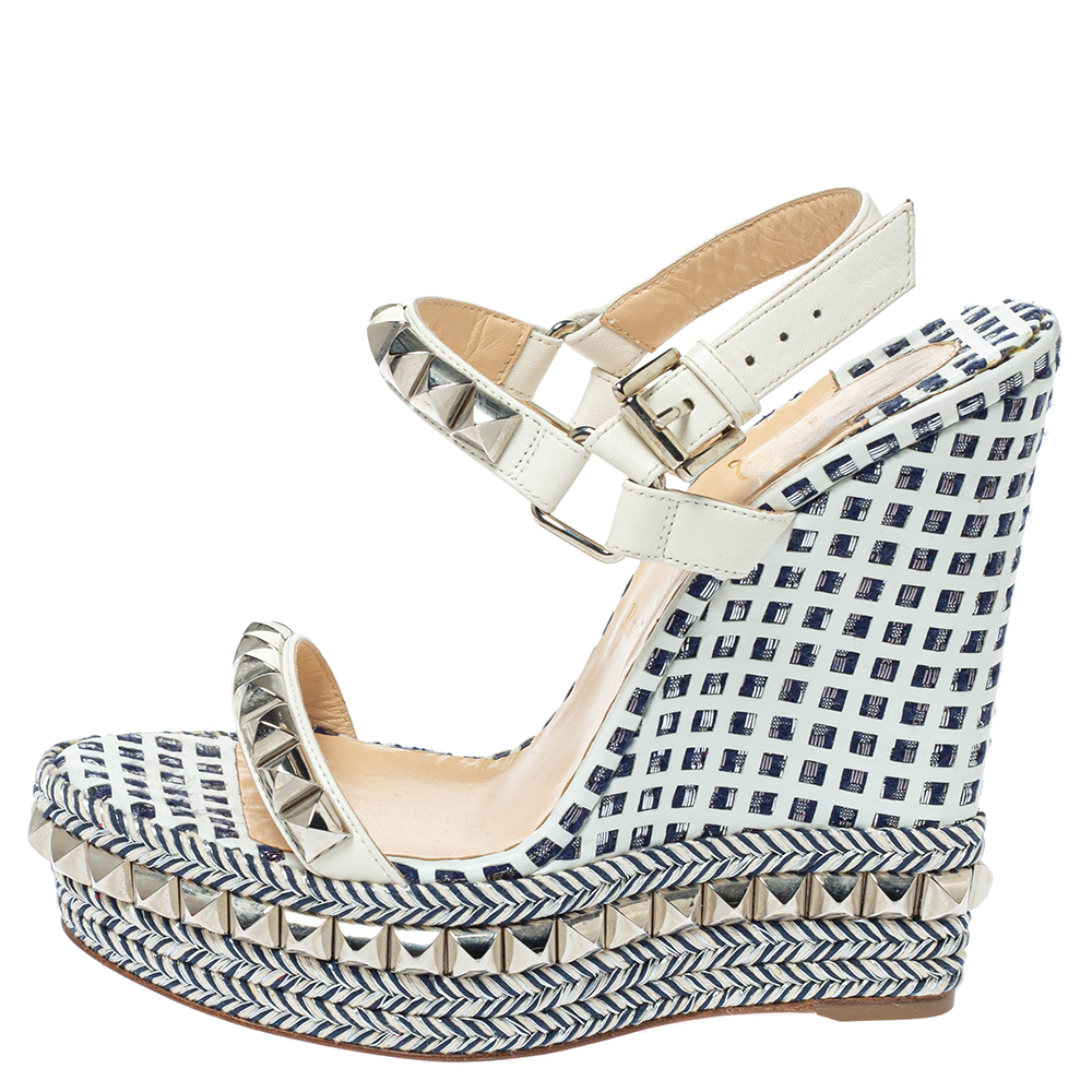

Christian Louboutin White/Blue Studded Leather Cataclou Espadrille Wedge Sandals Size