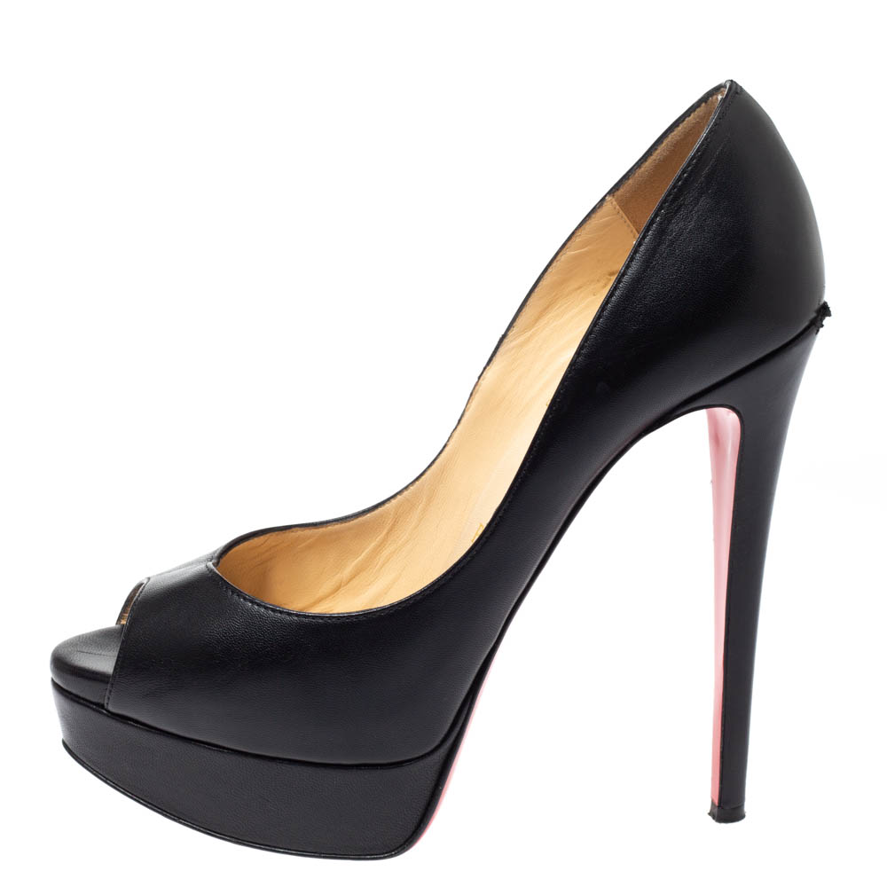 

Christian Louboutin Black Leather Lady Peep Toe Platform Pumps Size