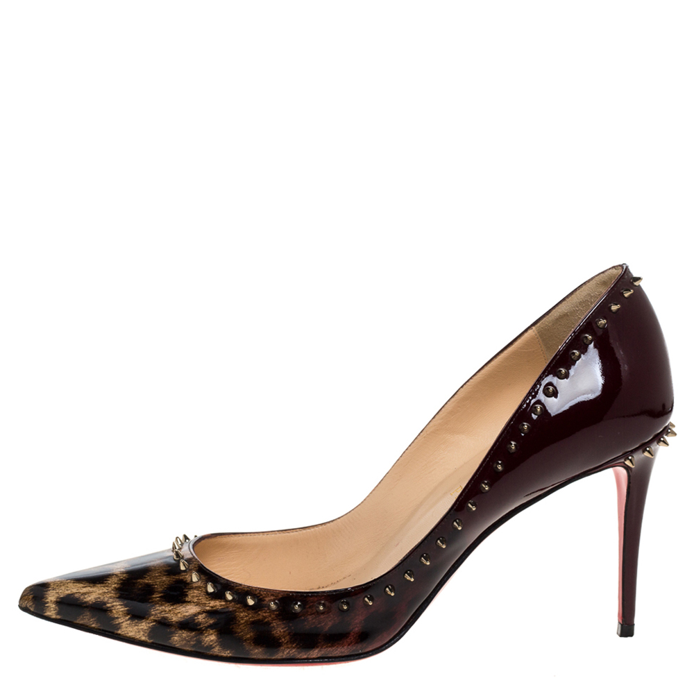 

Christian Louboutin Brown Leopard Print Patent Leather Spiked Pointed Toe Pumps Size