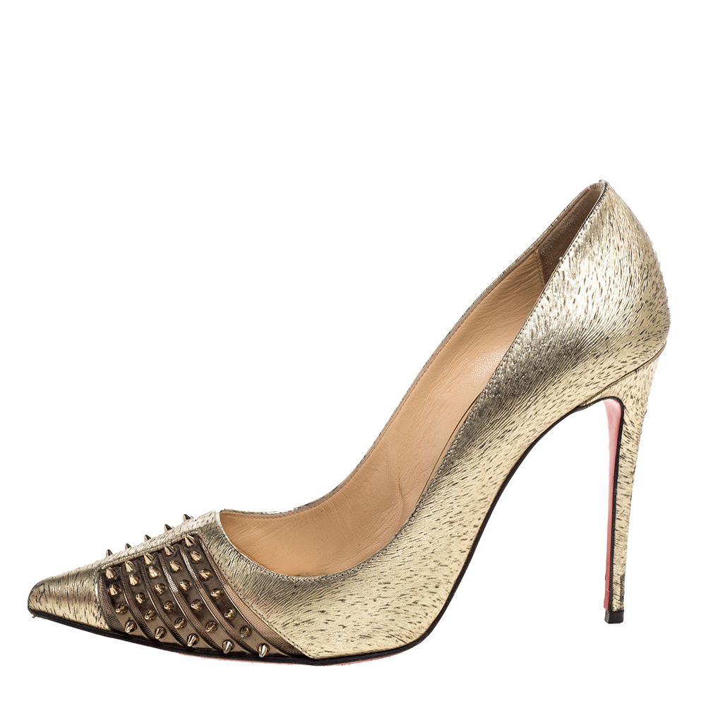 

Christian Louboutin Gold Textured Leather Spiked Bareta Pumps Size