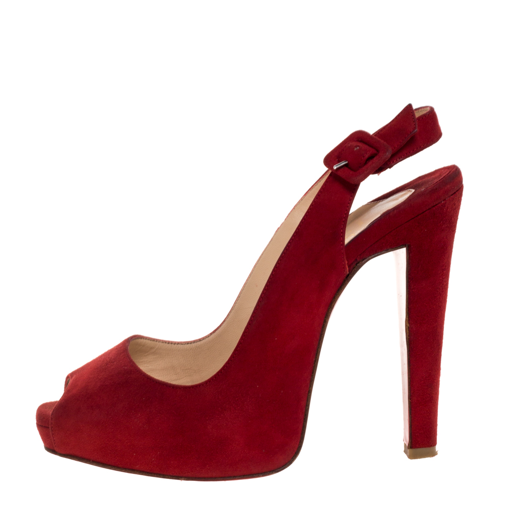 

Christian Louboutin Red Suede Leather Peep Toe Slingback Sandals Size