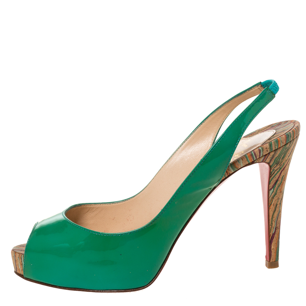 

Christian Louboutin Green Patent Leather Private Number Peep Toe Slingback Sandals Size