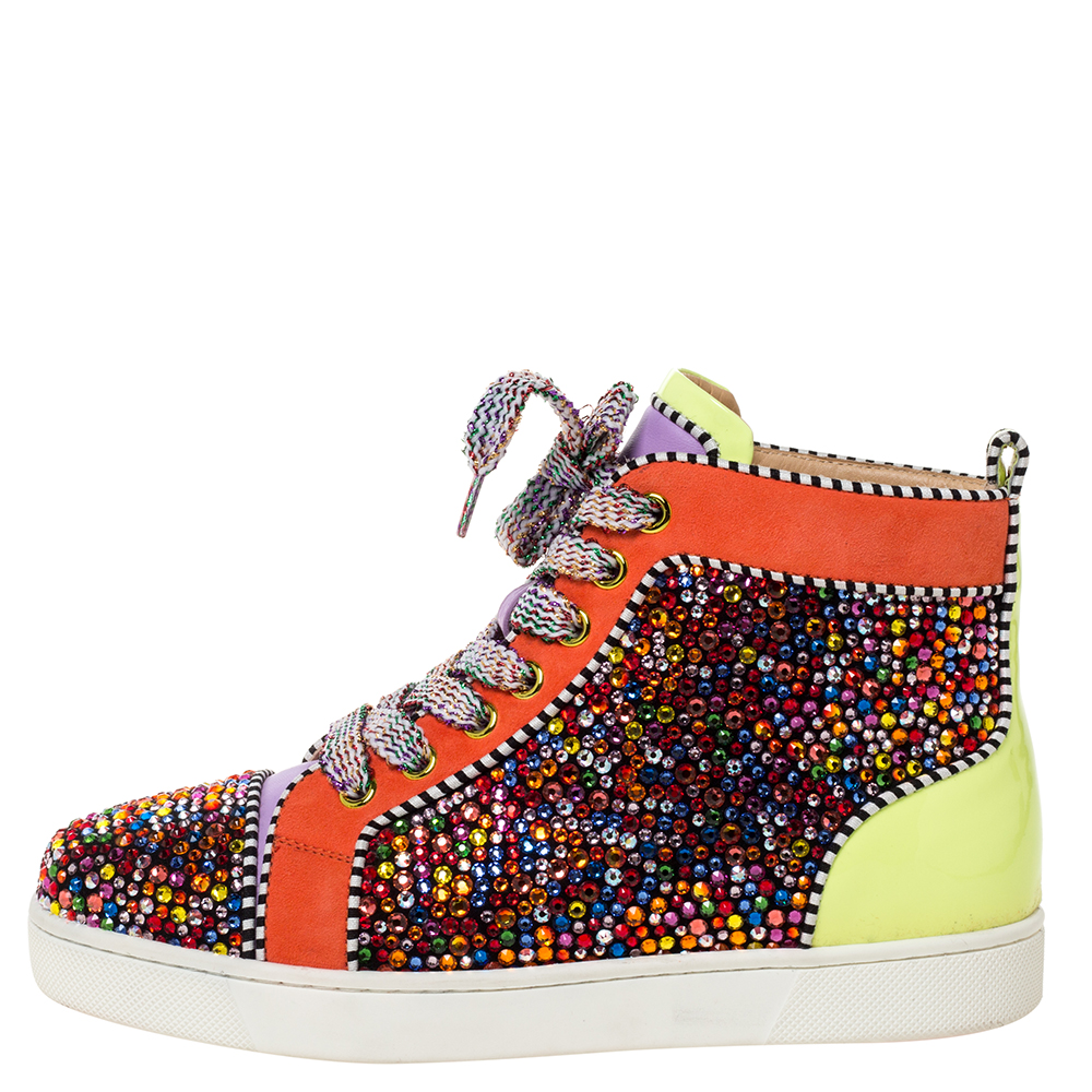 

Christian Louboutin Multicolor Crystal Embellished Suede And Patent Leather Louis High Top Sneakers Size