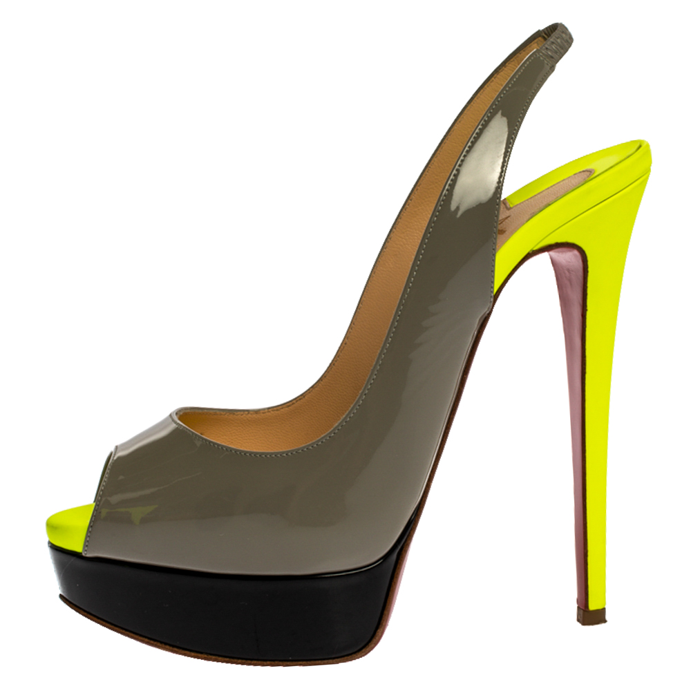 

Christian Louboutin Grey/Green Patent Leather Lady Peep Slingback Platform Sandals Size