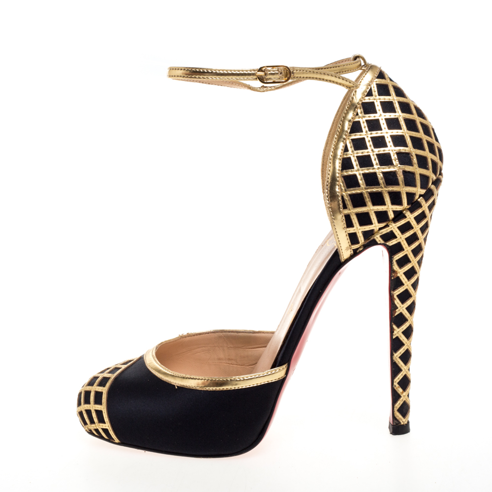 

Christian Louboutin Black Satin And Gold Leather Uptown Platform Ankle Strap Pumps Size