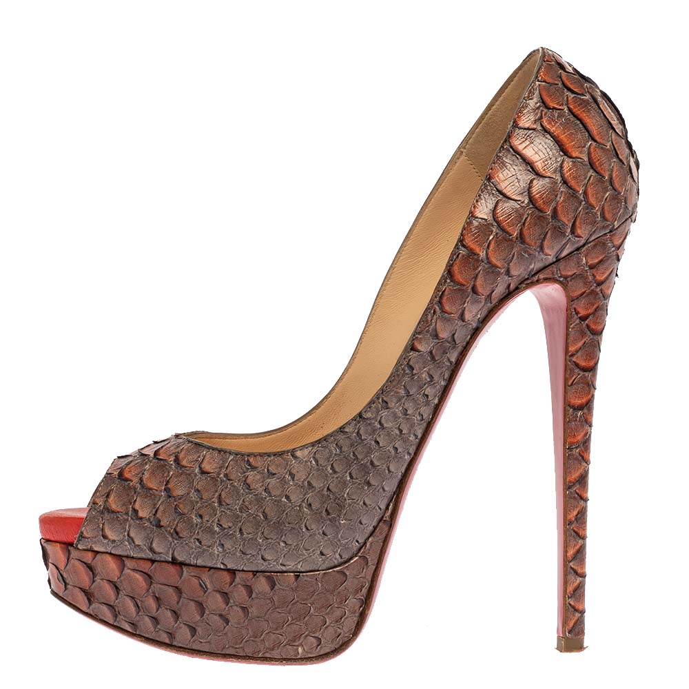 

Christian Louboutin Grey/Orange Python Lady Peep Toe Platform Pumps Size