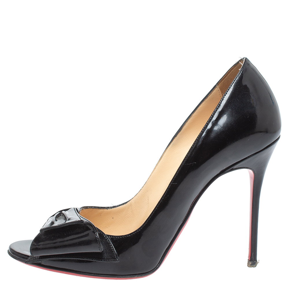 

Christian Louboutin Black Patent Leather Bow Peep Toe Pumps Size