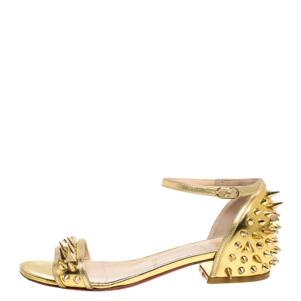 

Christian Louboutin Gold Leather Spiked Open Toe Ankle Strap Sandals Size
