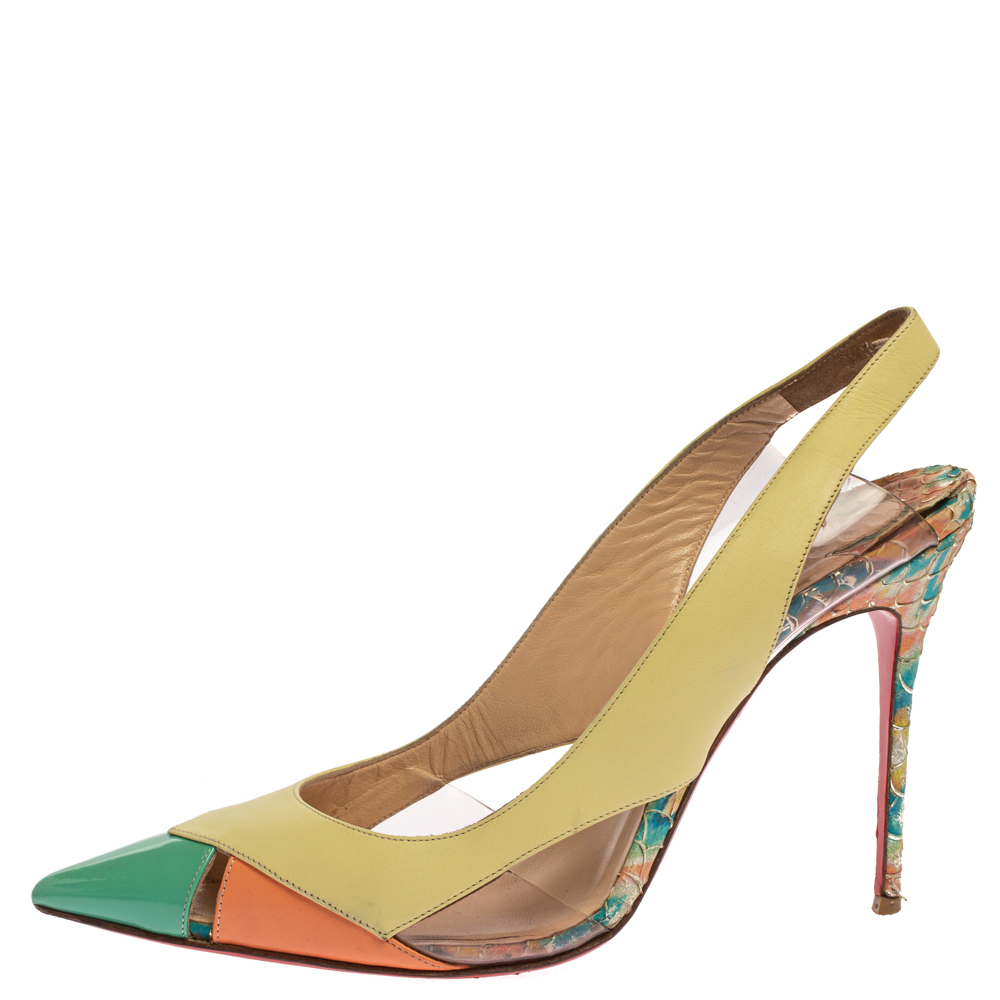 

Christian Louboutin Tricolor Python Embossed/Leather and PVC Air Chance Sling Back Sandals Size, Multicolor