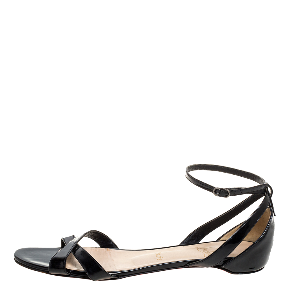 

Christian Louboutin Black Patent Leather Open Toe Ankle Strap Flats Size
