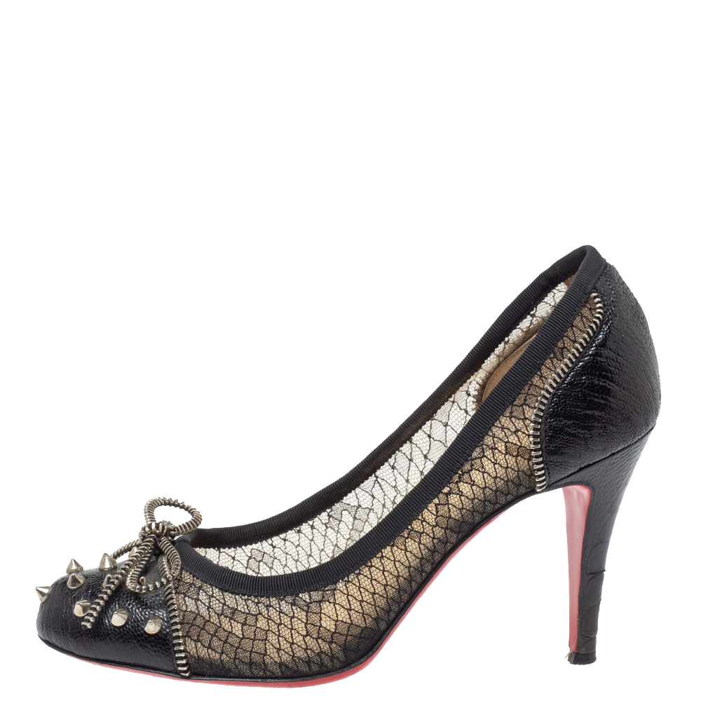 

Christian Louboutin Black Lace And Leather Candy Spike Bow Pumps Size