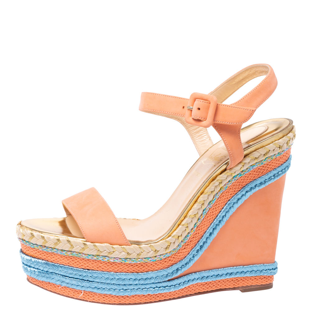 

Christian Louboutin Pale Orange Leather New Duplice Ankle Strap Wedges Platform Sandals Size