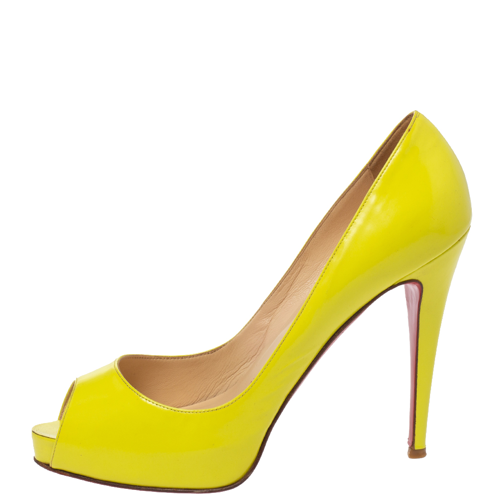 Christian Louboutin Neon Yellow Patent Leather Very Prive Peep Toe Pumps Size