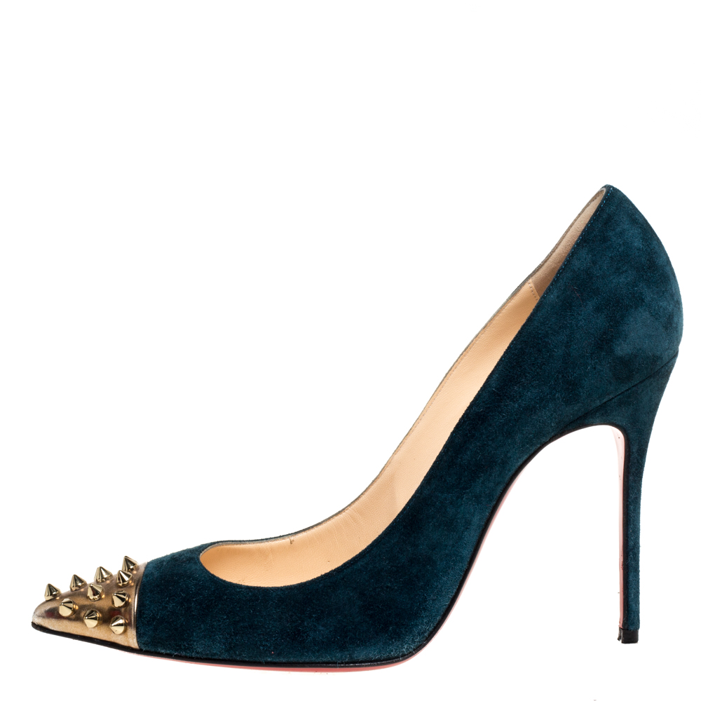 

Christian Louboutin Blue Suede Geo Spike Studded Cap Toe Pumps Size