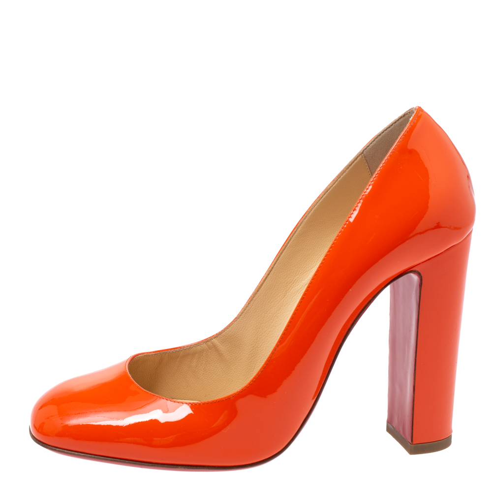 

Christian Louboutin Orange Patent Leather Square Toe Pumps Size