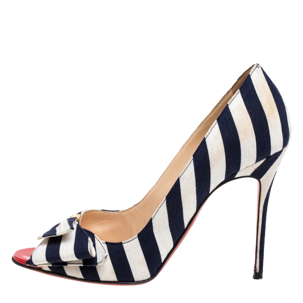 

Christian Louboutin Navy Blue/White Stripe Canvas Just Soon Pumps Size