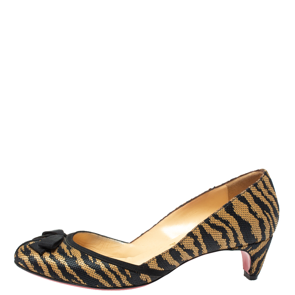 

Christian Louboutin Black/Beige Tiger Print Raffia Bow Kitten Heel Pumps Size