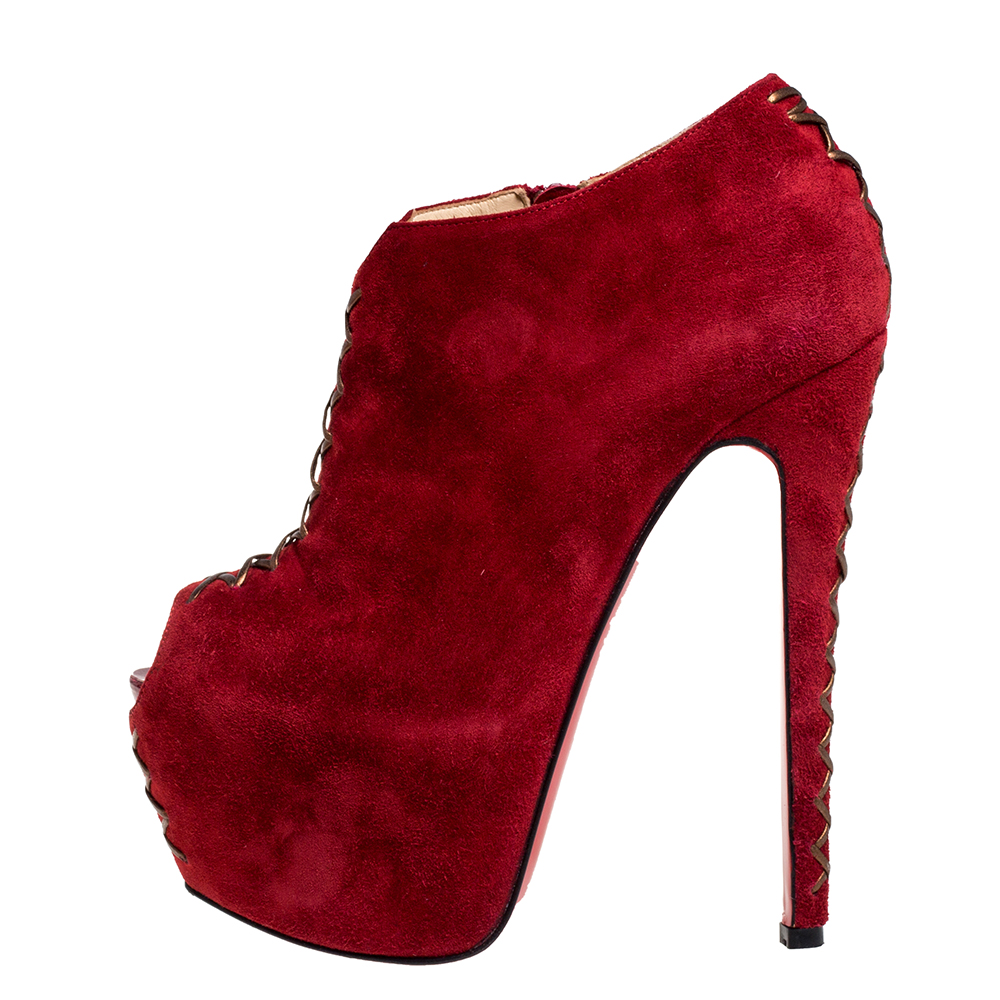 

Christian Louboutin Red Suede Recouzetta Peep Toe Platform Ankle Boots Size