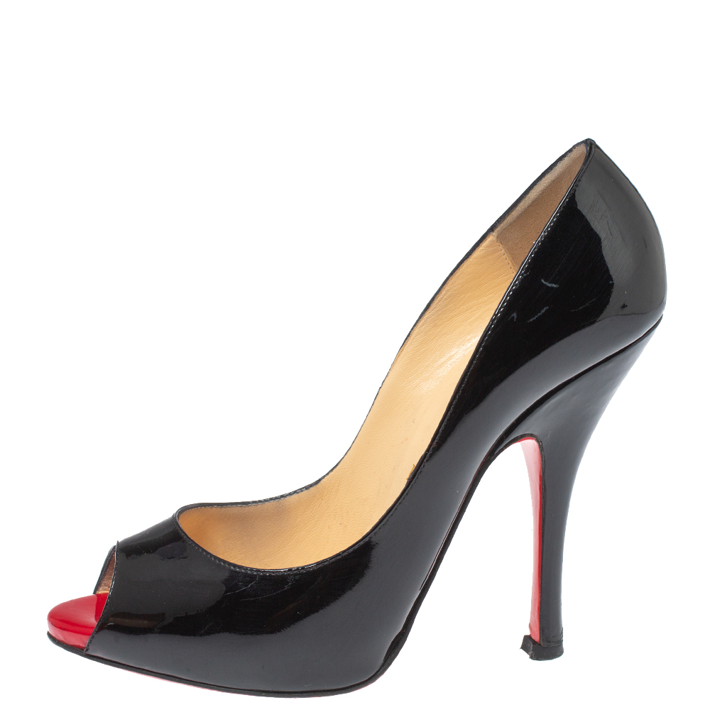 

Christian Louboutin Black Patent Leather Very Prive Peep Toe Pumps Size