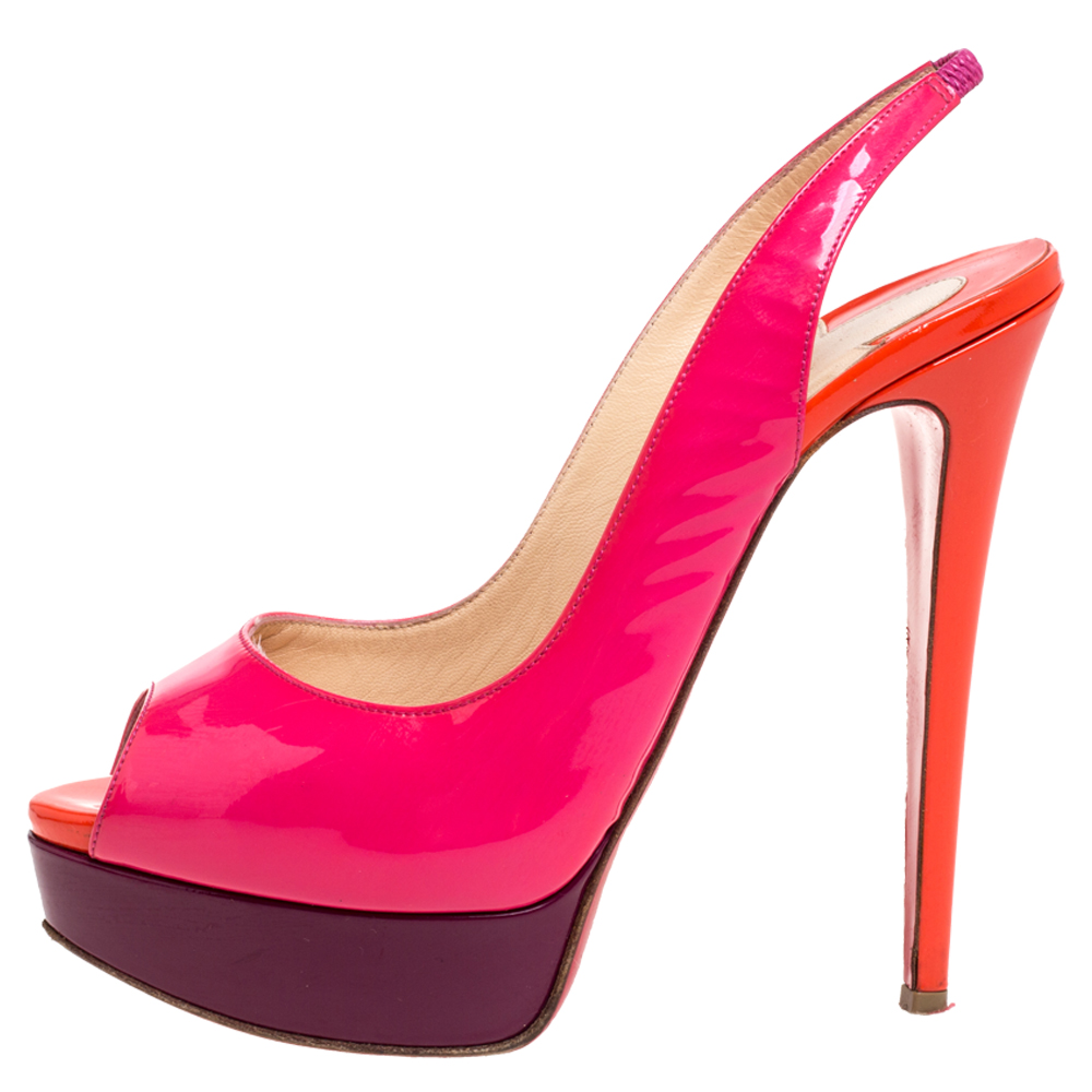 

Christian Louboutin Mullticolor Patent Leather Lady Peep Slingback Platform Sandals Size, Pink