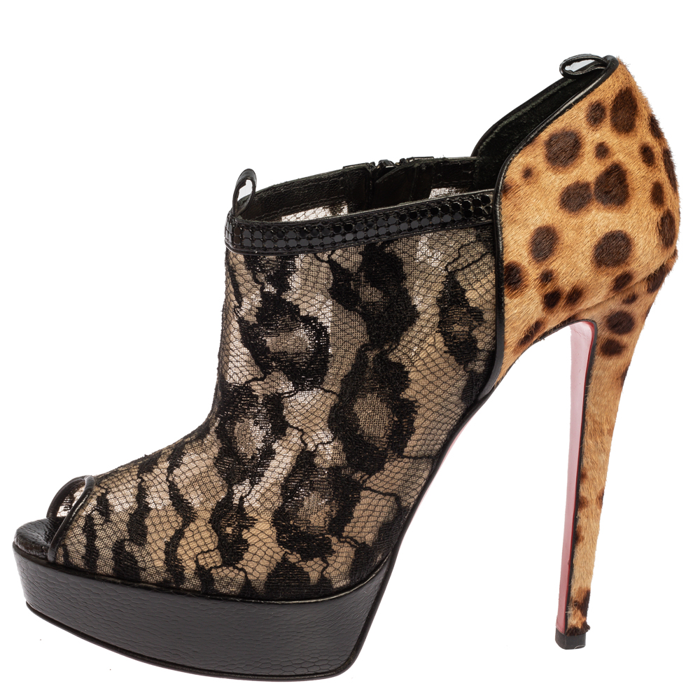 

Christian Louboutin Black/Brown Leopard Pony Hair And Lace Bridget Peep Toe Ankle Booties Size