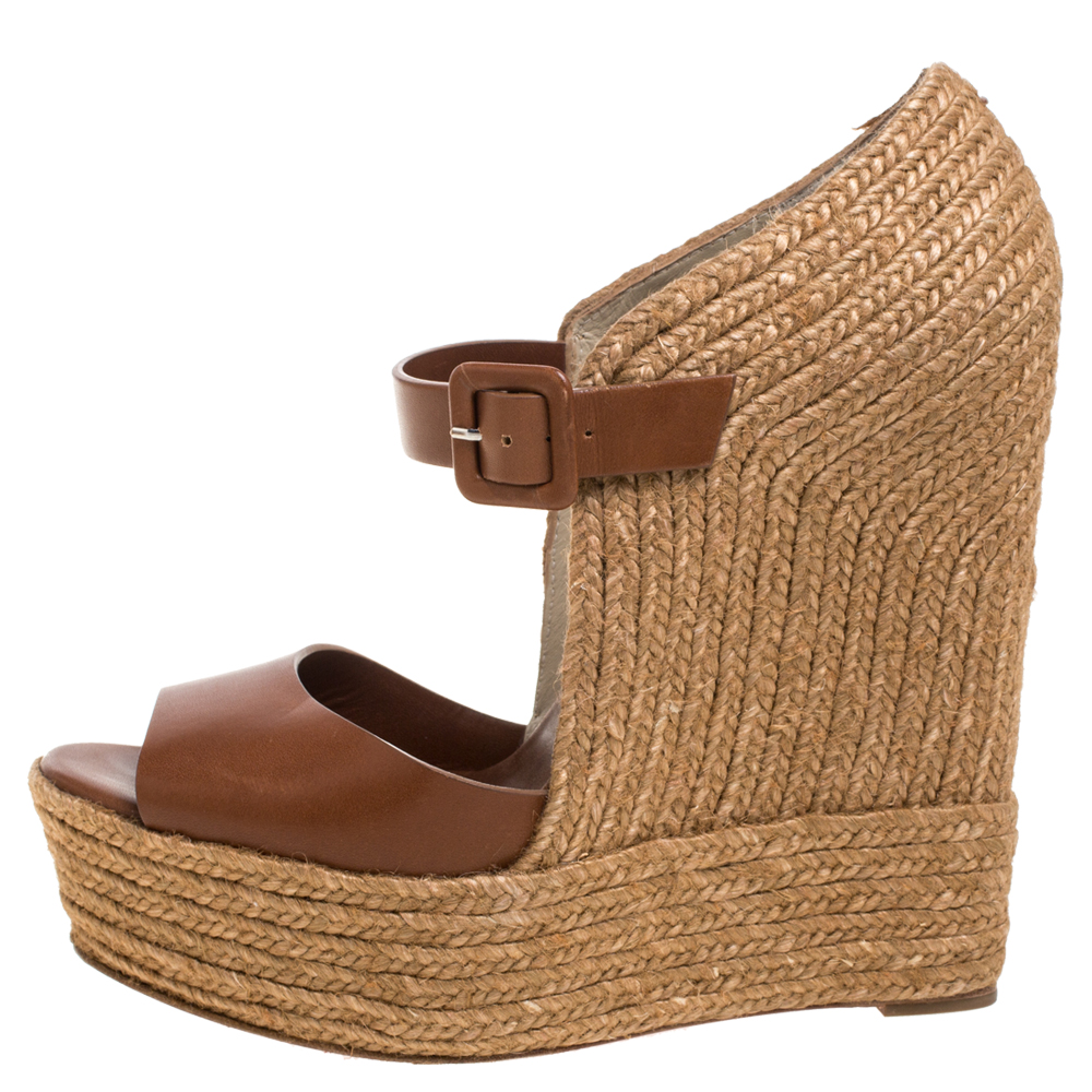 

Christian Louboutin Brown Leather And Jute Praia Wedge Espadrille Platform Ankle Strap Sandals Size