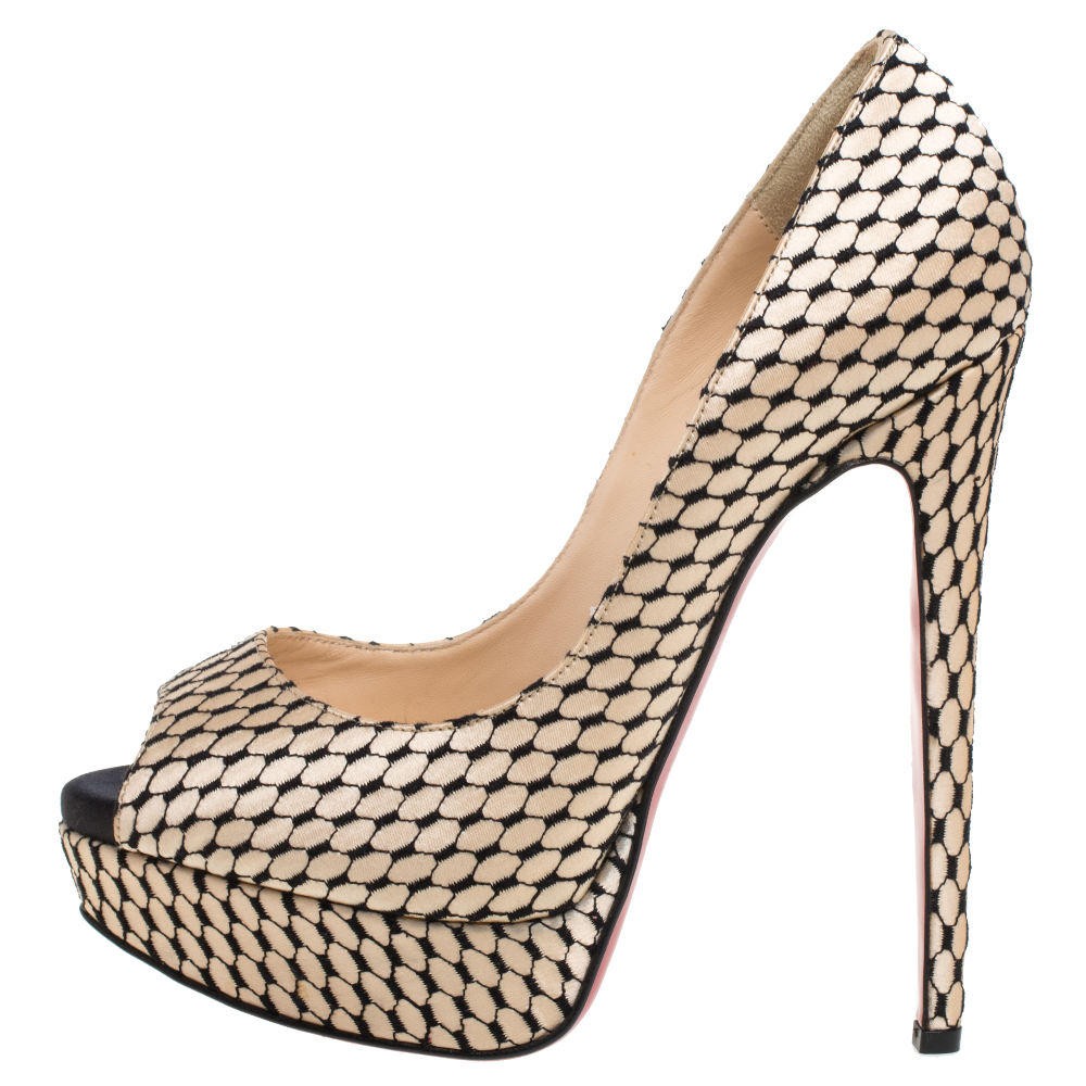 

Christian Louboutin Beige/Black Lace And Satin Peep Toe Pumps Size