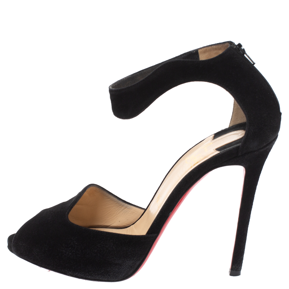 

Christian Louboutin Black Suede Ankle Strap Peep Toe Sandals Size