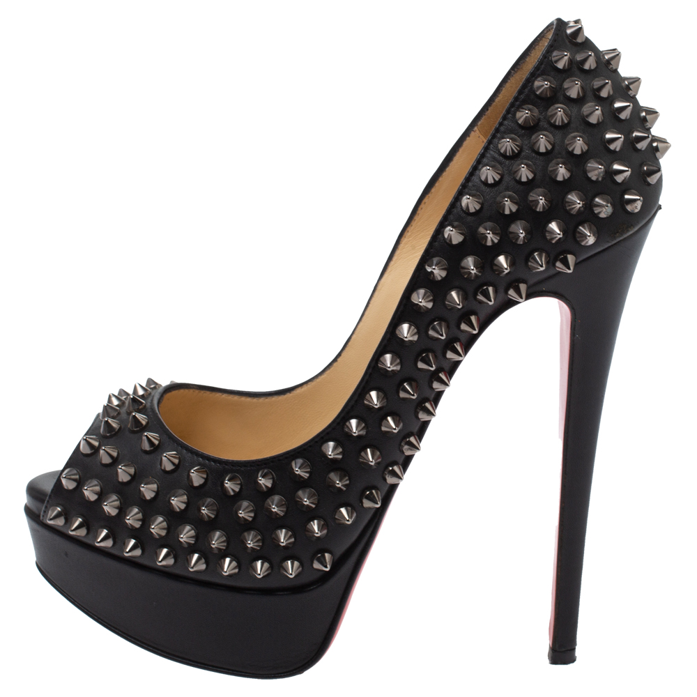 

Christian Louboutin Black Leather Lady Peep Toe Spike Platform Pumps Size