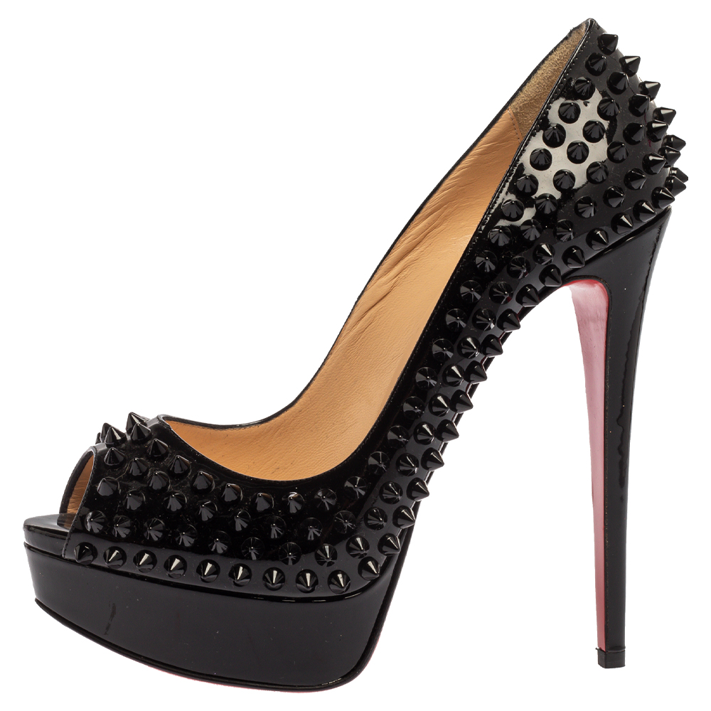 

Christian Louboutin Black Patent Leather Lady Peep Toe Spike Platform Pumps Size