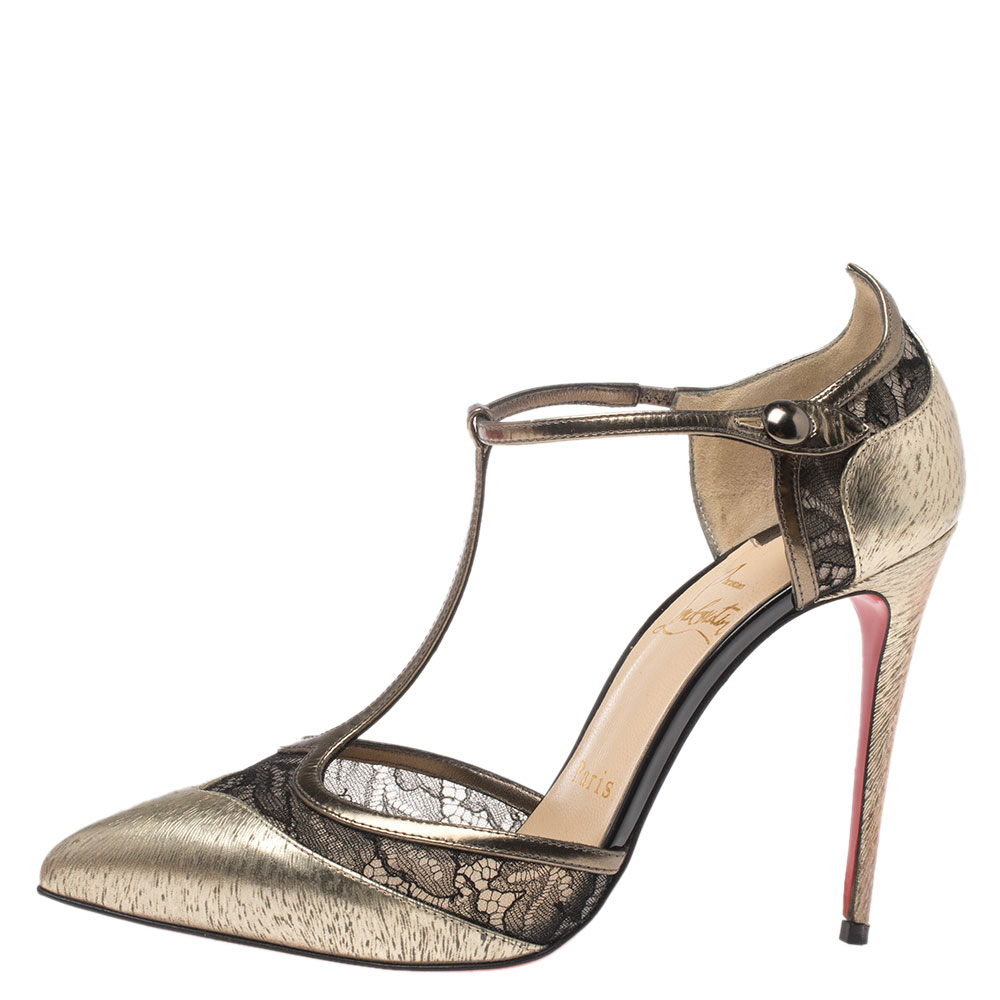 

Christian Louboutin Gold Leather And Lace Mrs Early T-Strap Sandals Size