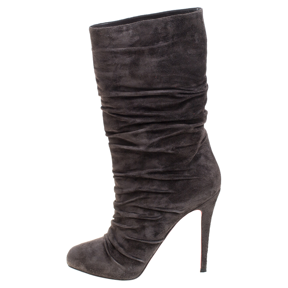 

Christian Louboutin Dark Brown Pleated Suede Prios Mid Calf Boots Size