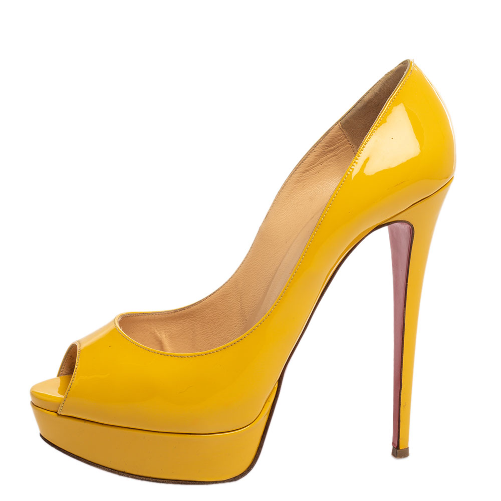 

Christian Louboutin Yellow Patent Leather Lady Peep Toe Platform Pumps Size