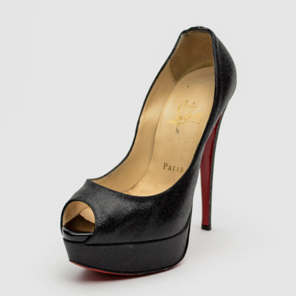 مملوكة مسبقًا Christian Louboutin Black Mini Glitter 'Lady Peep' Toe Platform Pumps Size 36