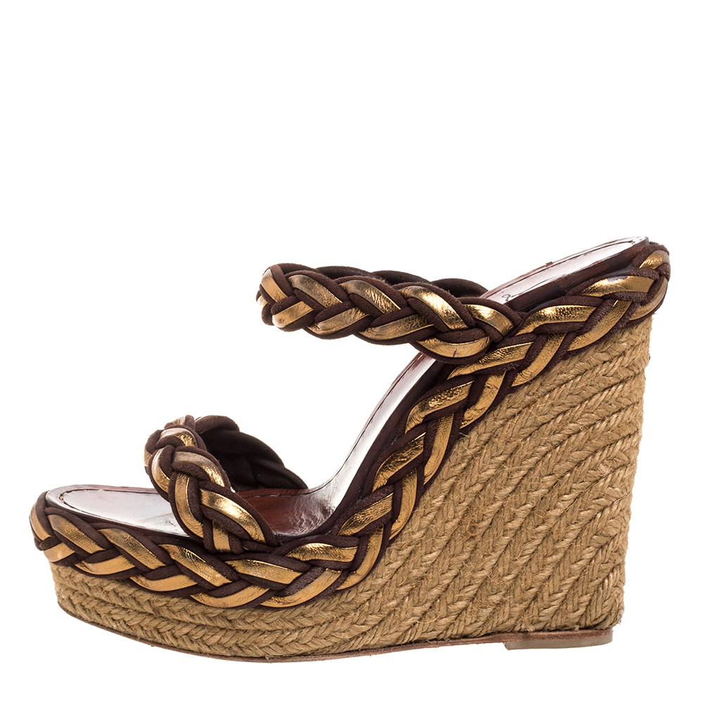 

Christian Louboutin Two Tone Braided Leather And Suede Espadrille Wedge Platform Sandals Size, Gold