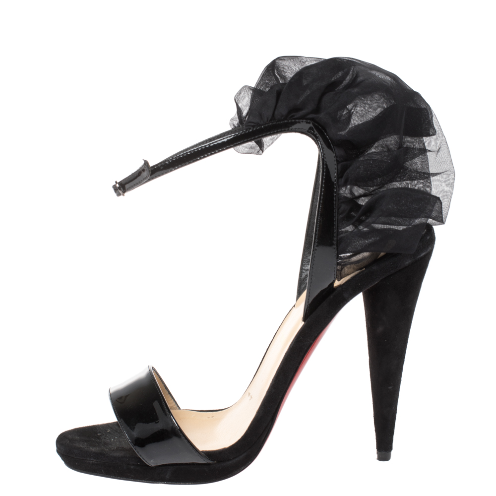 

Christian Louboutin Black Suede and Patent Leather Jacqueline Ankle Strap Sandals Size