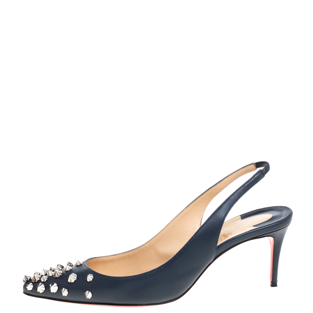 

Christian Louboutin Denim Blue Leather Drama Spikes Sling Back Pointed Toe Pumps Size