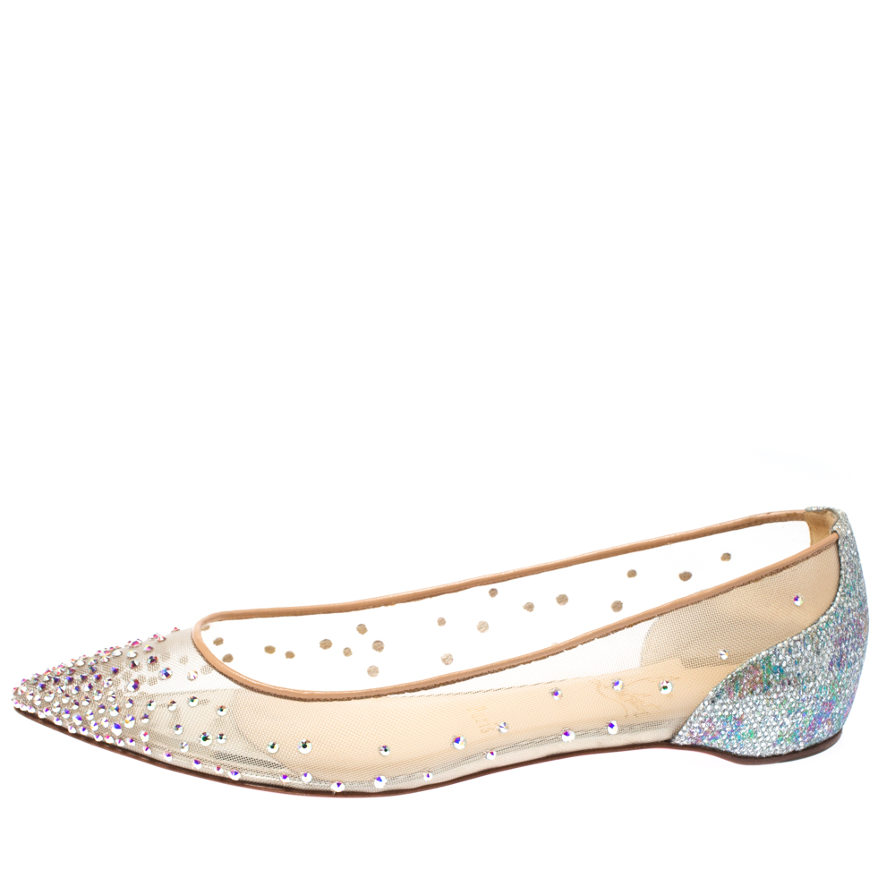 

Christian Louboutin Beige Mesh And Lame Fabric Follies Strass Pointed Toe Ballet Flats Size